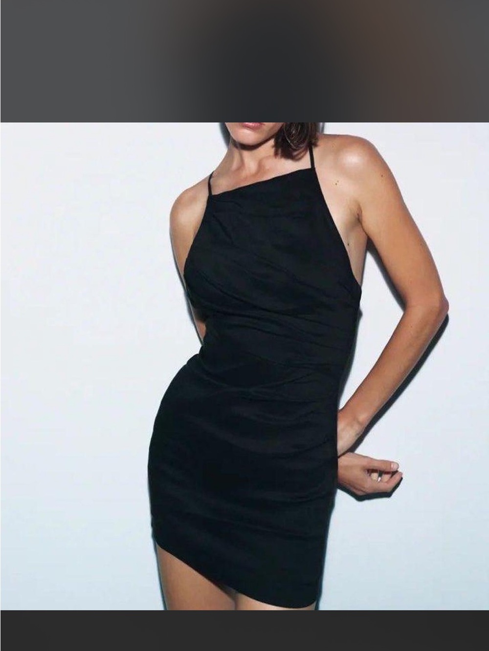 Zara Draped Linen Blend bib neck black mini dress
